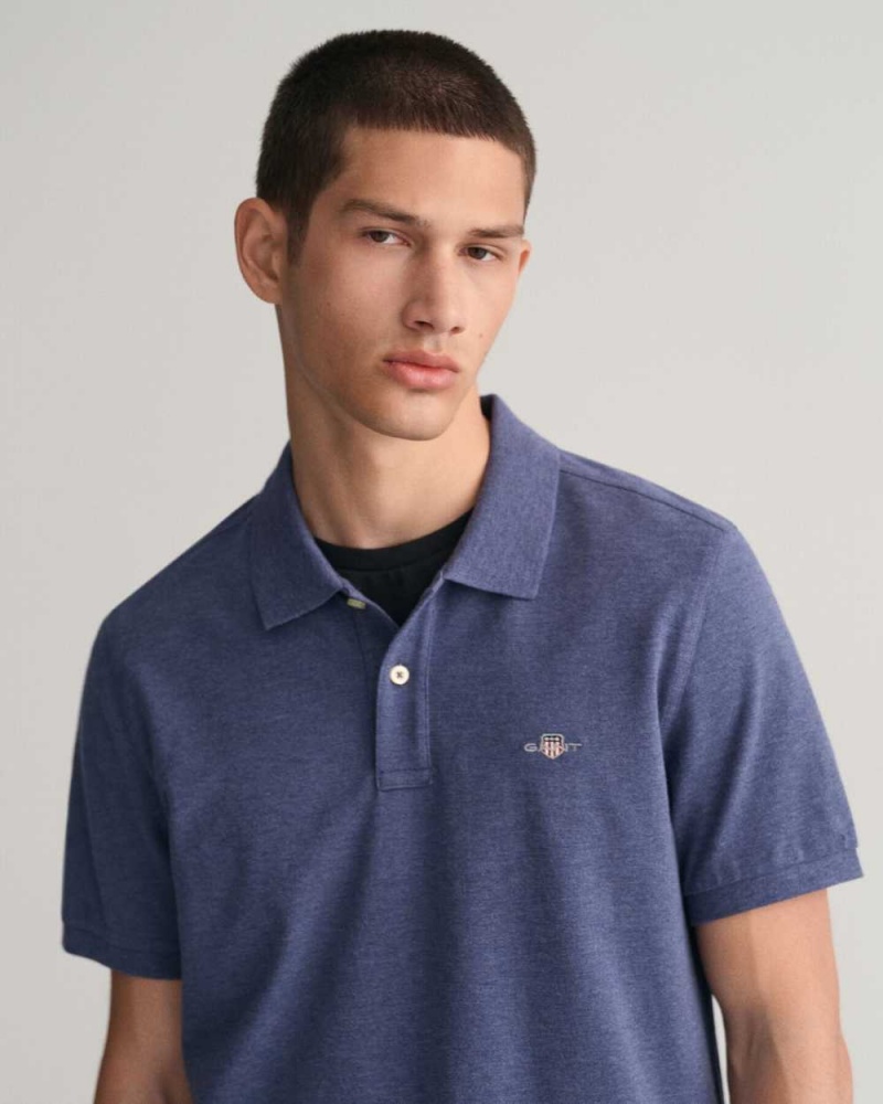 Gant Regular Fit Shield Piqué Men's Polo Shirt Blue Melange | YXTGO-9086