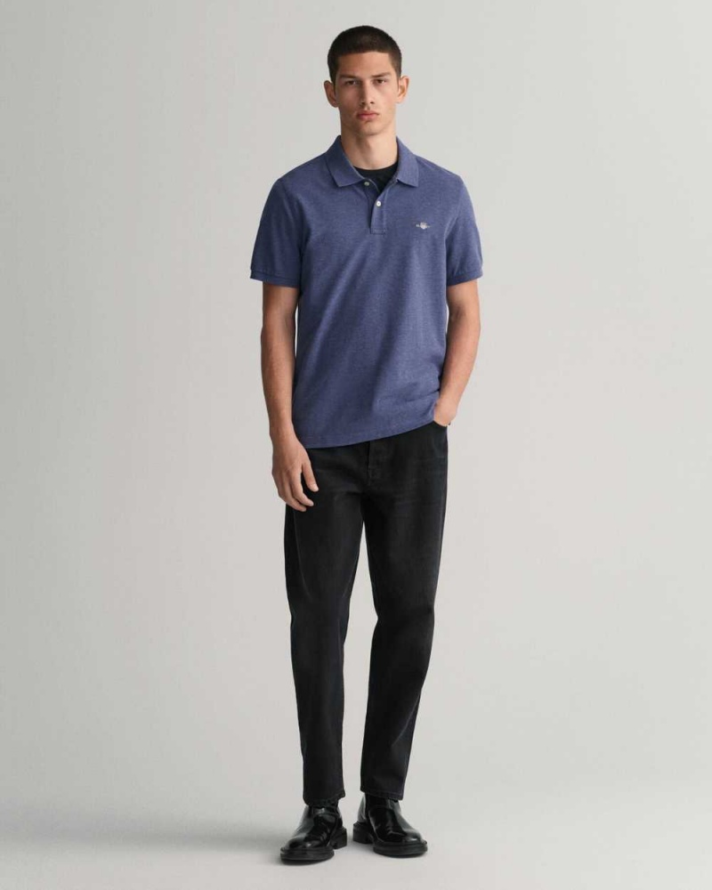 Gant Regular Fit Shield Piqué Men's Polo Shirt Blue Melange | YXTGO-9086