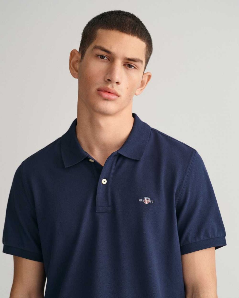 Gant Regular Fit Shield Piqué Men's Polo Shirt Evening Blue | YFKQU-6917