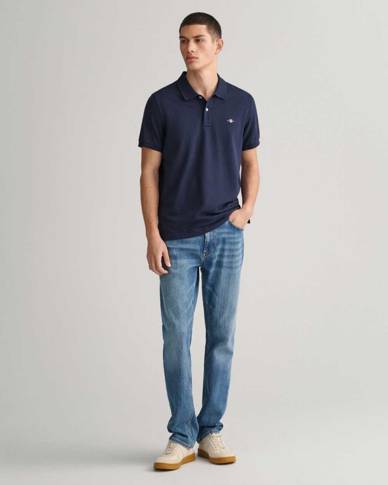 Gant Regular Fit Shield Piqué Men's Polo Shirt Evening Blue | YFKQU-6917