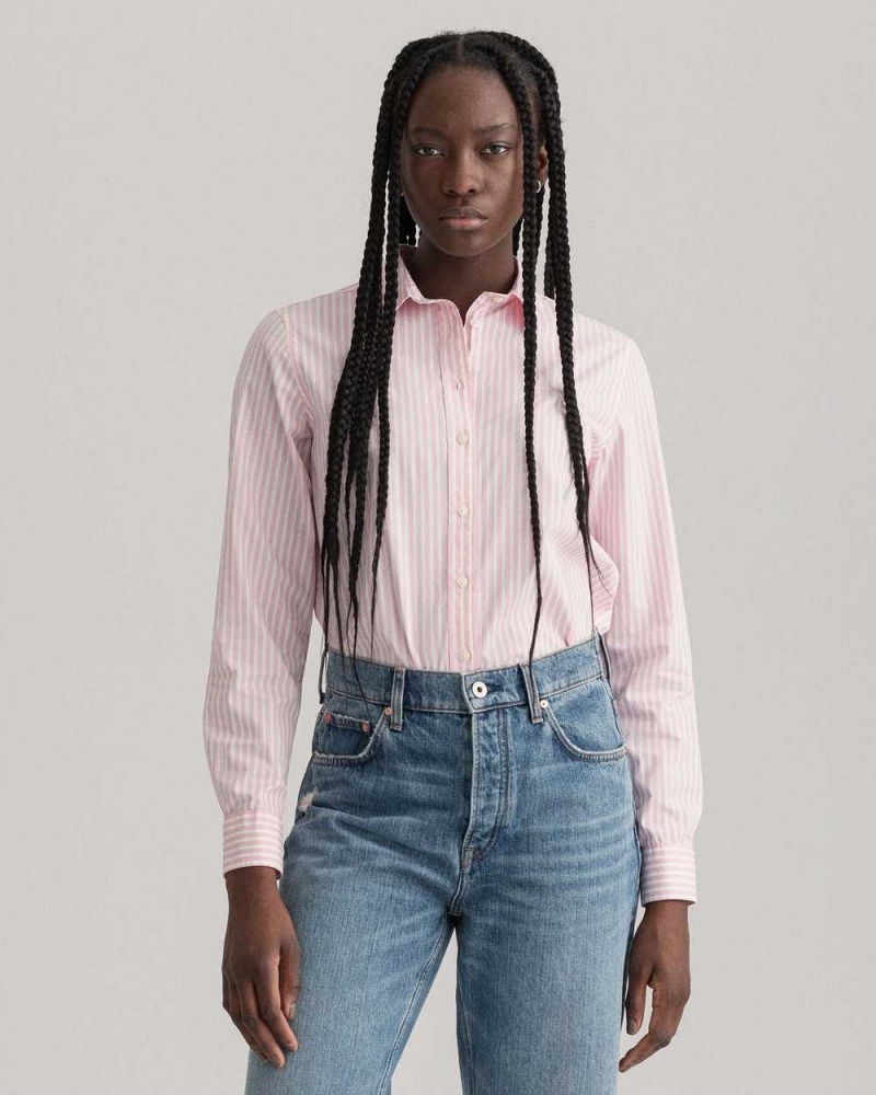 Gant Regular Fit Striped Broadcloth Women\'s Shirts Preppy Pink | ILHVW-2156