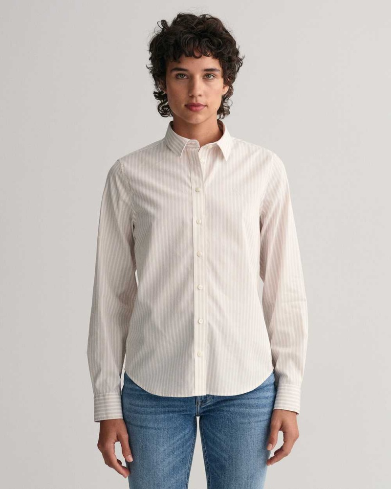 Gant Regular Fit Striped Broadcloth Women\'s Shirts Light Gray Brown | NRSOG-0673