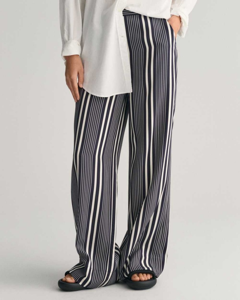 Gant Regular Fit Wide Leg Striped Print Women's Pants Evening Blue | KEBSG-8706