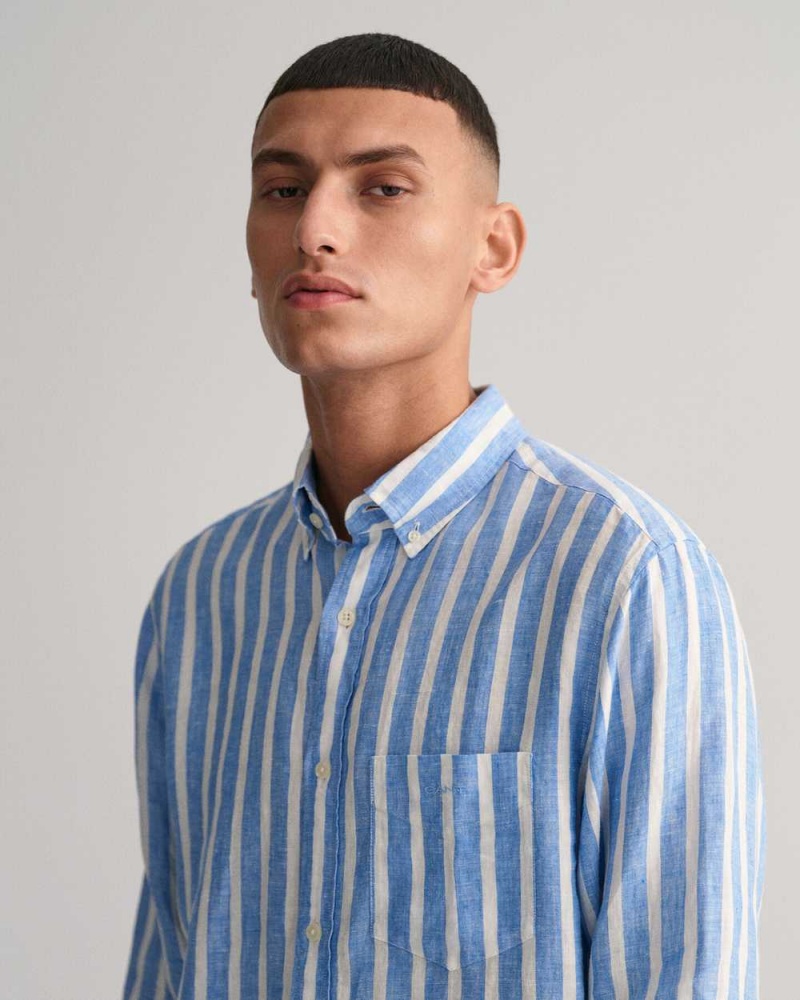 Gant Regular Fit Wide Striped Linen Men's Shirts Day Blue | CDSRO-7946