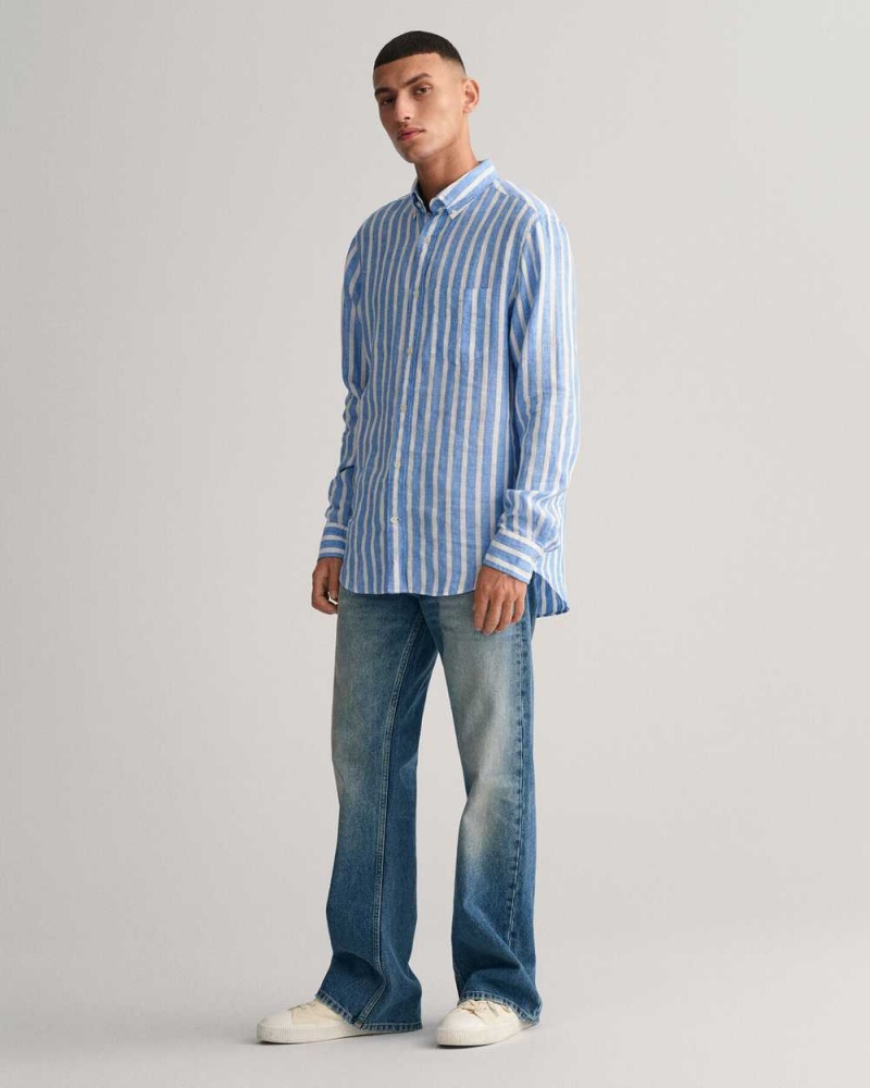 Gant Regular Fit Wide Striped Linen Men's Shirts Day Blue | CDSRO-7946