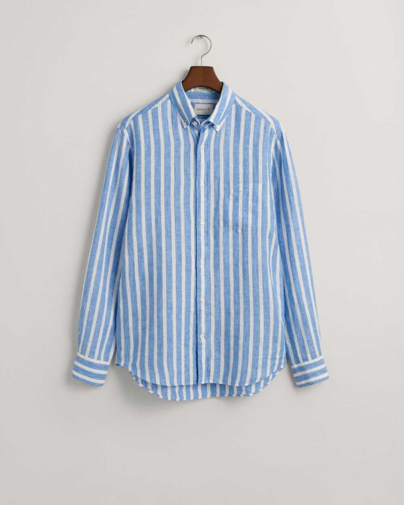 Gant Regular Fit Wide Striped Linen Men's Shirts Day Blue | CDSRO-7946