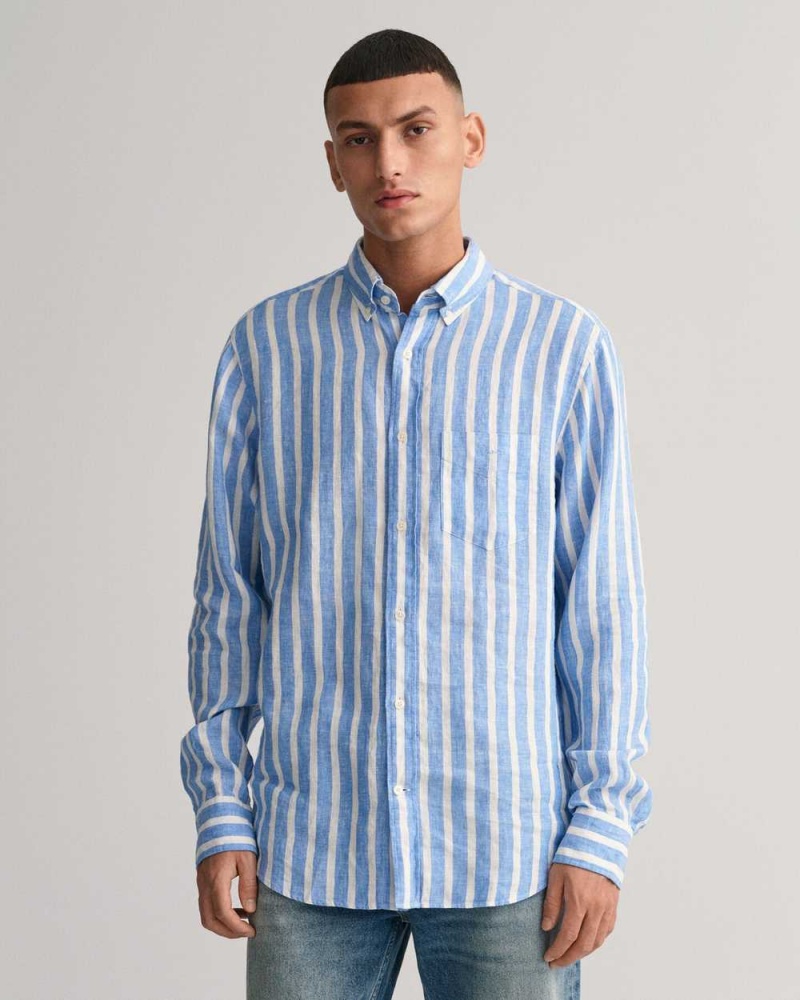 Gant Regular Fit Wide Striped Linen Men\'s Shirts Day Blue | CDSRO-7946