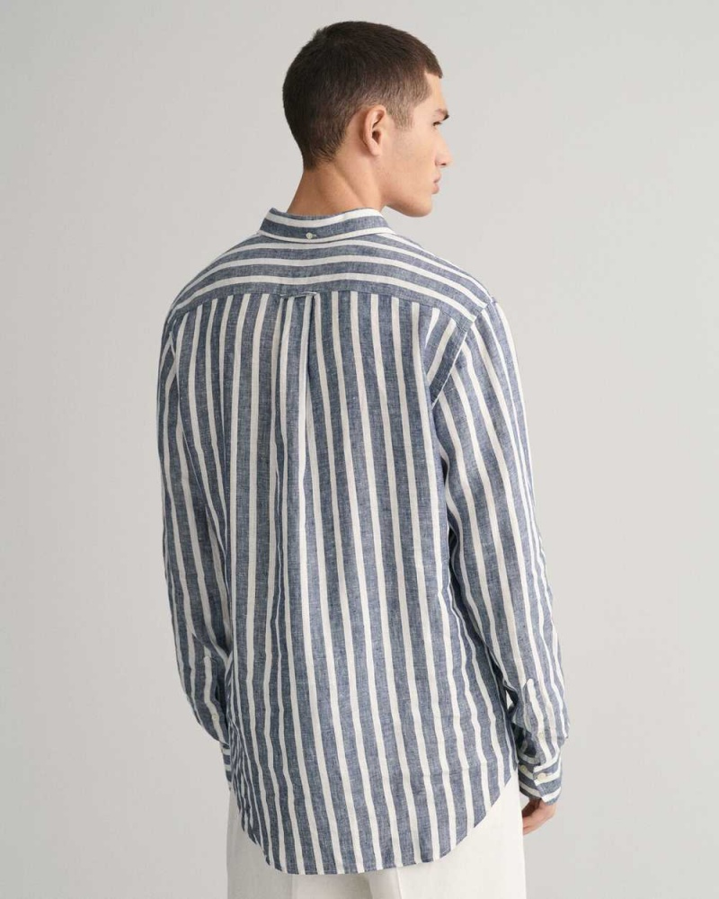 Gant Regular Fit Wide Striped Linen Men's Shirts Persian Blue | ZFURO-6738