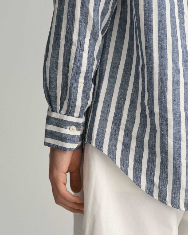 Gant Regular Fit Wide Striped Linen Men's Shirts Persian Blue | ZFURO-6738