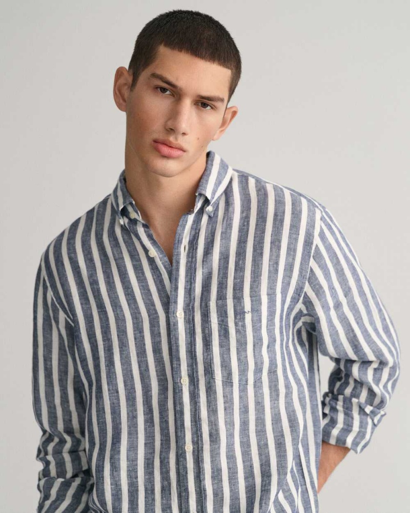 Gant Regular Fit Wide Striped Linen Men's Shirts Persian Blue | ZFURO-6738