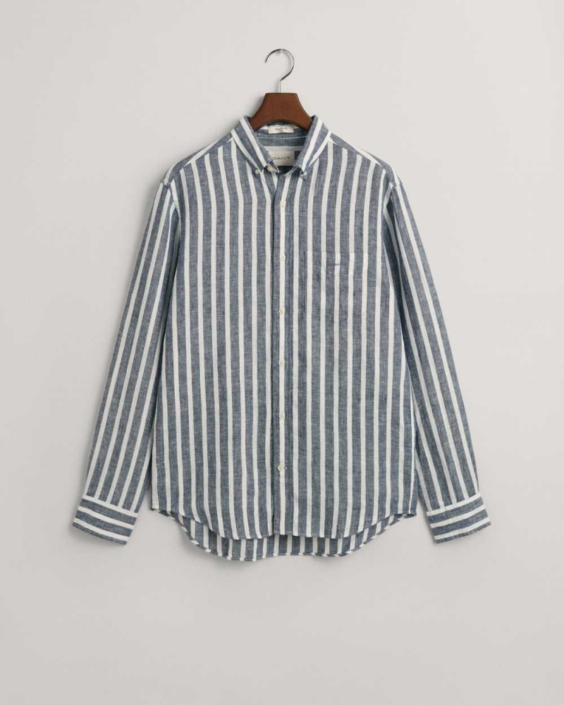 Gant Regular Fit Wide Striped Linen Men's Shirts Persian Blue | ZFURO-6738