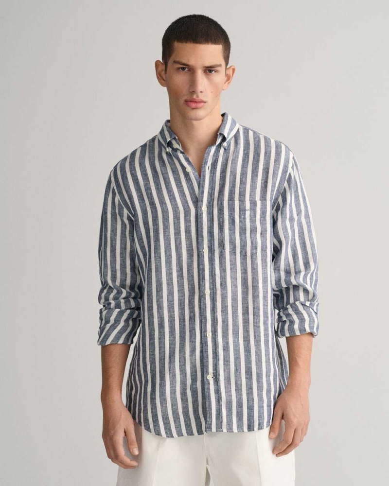 Gant Regular Fit Wide Striped Linen Men\'s Shirts Persian Blue | ZFURO-6738