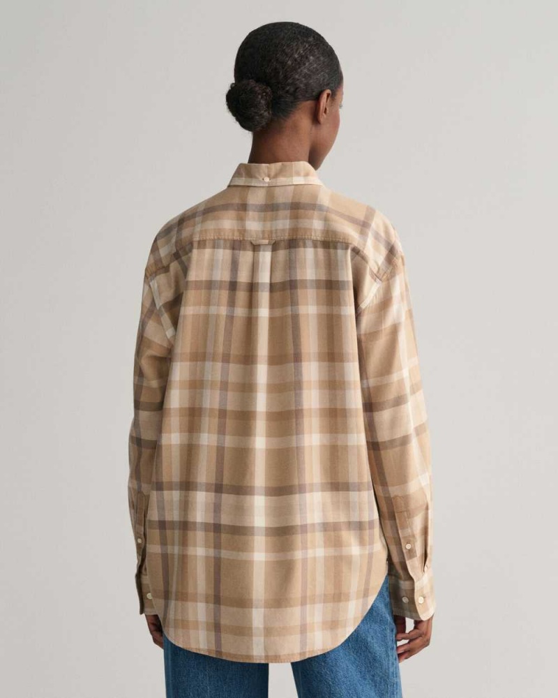 Gant Relaxed Fit Checked Flannel Women's Shirts Dark Khaki | NMGXQ-0139