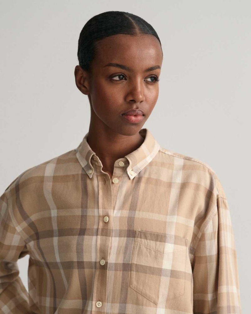 Gant Relaxed Fit Checked Flannel Women's Shirts Dark Khaki | NMGXQ-0139