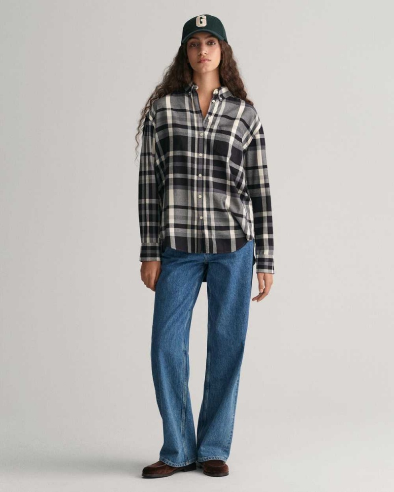 Gant Relaxed Fit Checked Flannel Women's Shirts Ebony Black | CLMFY-6238