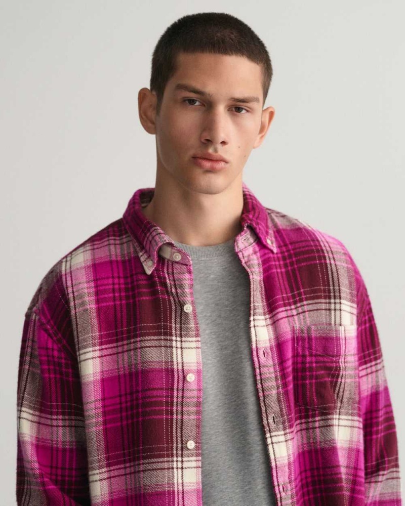 Gant Relaxed Fit Checked Heavy Flannel Men's Shirts Barley Pink | FNVWU-6452