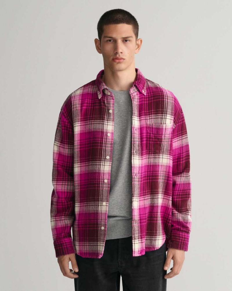 Gant Relaxed Fit Checked Heavy Flannel Men\'s Shirts Barley Pink | FNVWU-6452