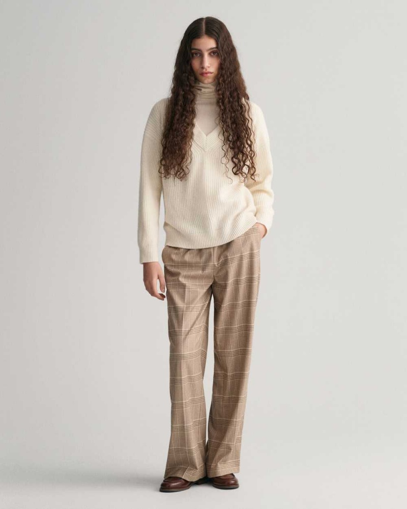 Gant Relaxed Fit Checked Pull-On Women's Pants Beige | WPJFT-1324