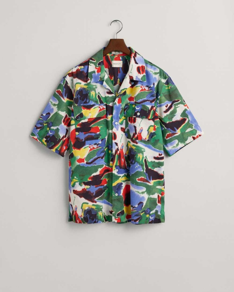 Gant Relaxed Fit Cotton Lyocell Printed Short Sleeve Men's Shirts Multicolor | HZAWY-8974