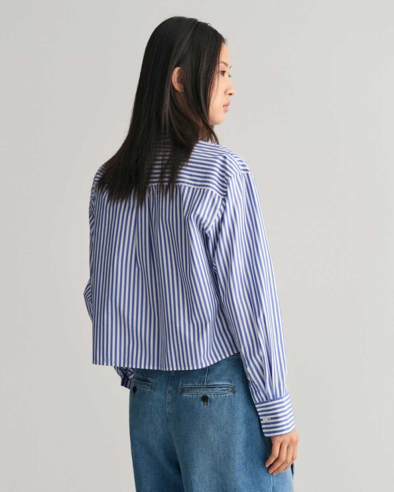 Gant Relaxed Fit Cropped Striped Women's Shirts College Blue | DQGKN-2680