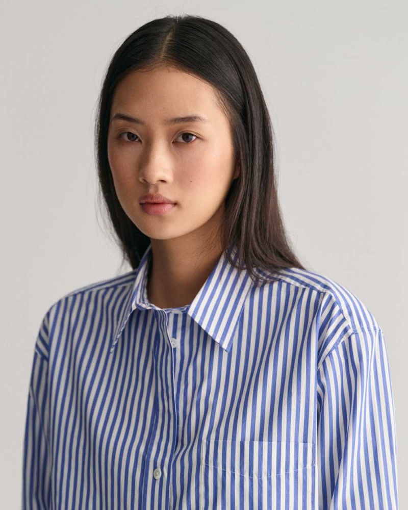 Gant Relaxed Fit Cropped Striped Women's Shirts College Blue | DQGKN-2680