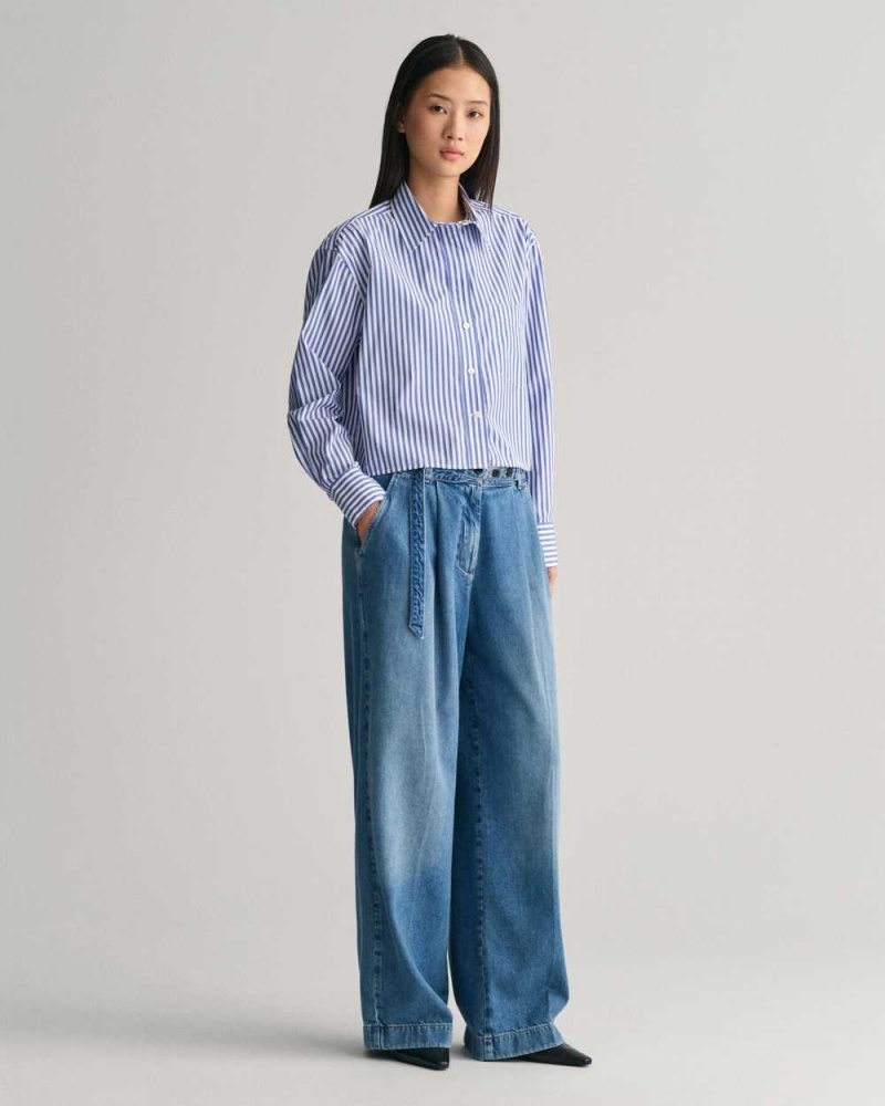 Gant Relaxed Fit Cropped Striped Women's Shirts College Blue | DQGKN-2680