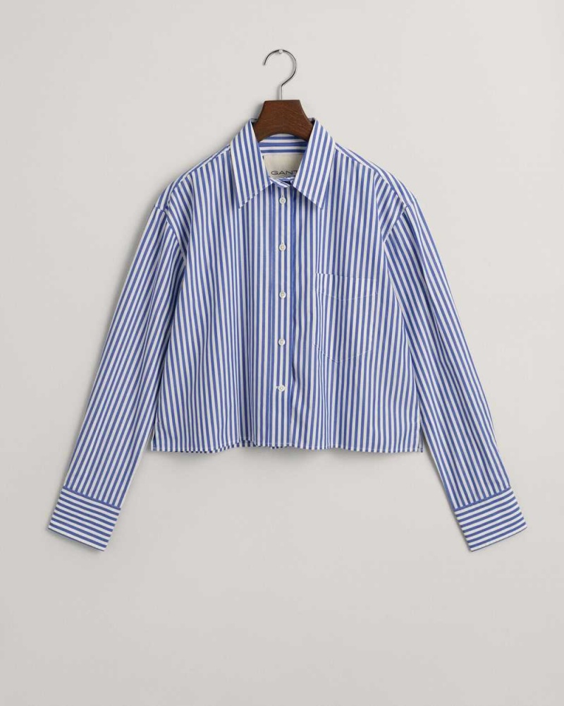 Gant Relaxed Fit Cropped Striped Women's Shirts College Blue | DQGKN-2680