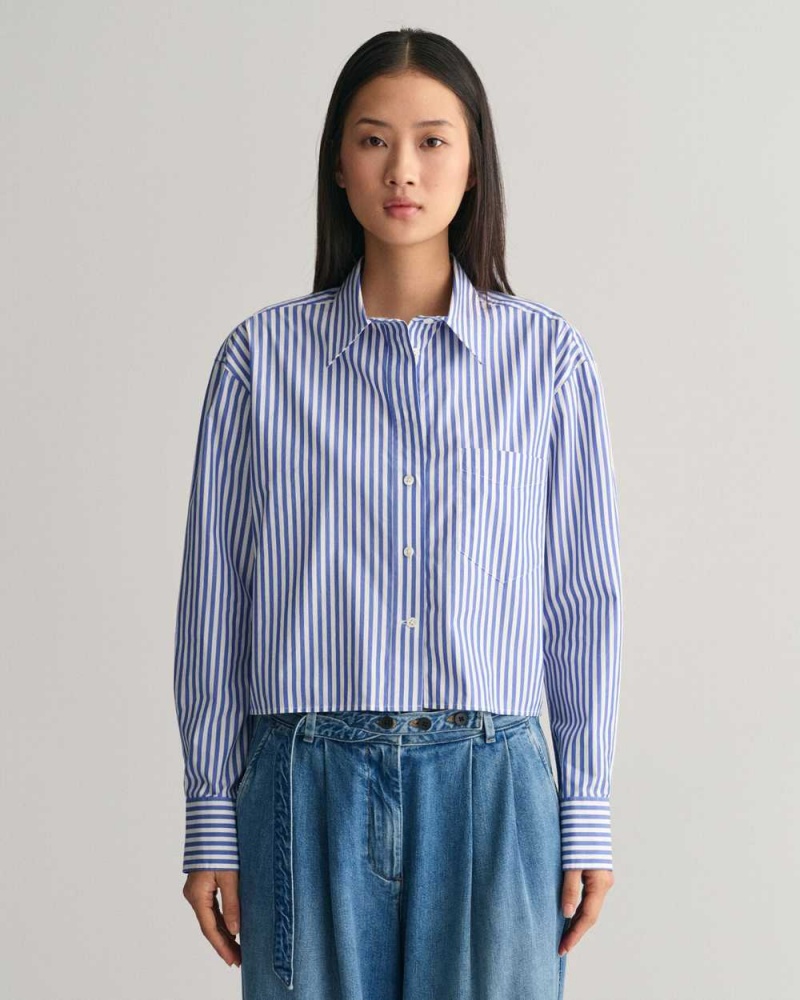 Gant Relaxed Fit Cropped Striped Women\'s Shirts College Blue | DQGKN-2680