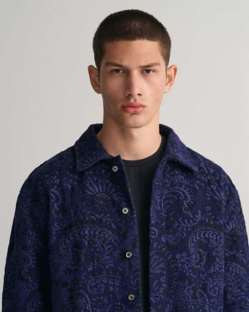 Gant Relaxed Fit Embroidered Men's Shirts Rich Navy | SAHRJ-9308