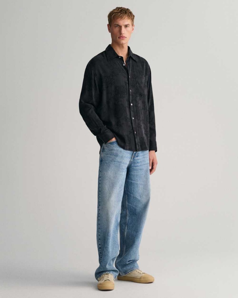 Gant Relaxed Fit Jacquard Cupro Viscose Men's Shirts Black | XUBTI-0826