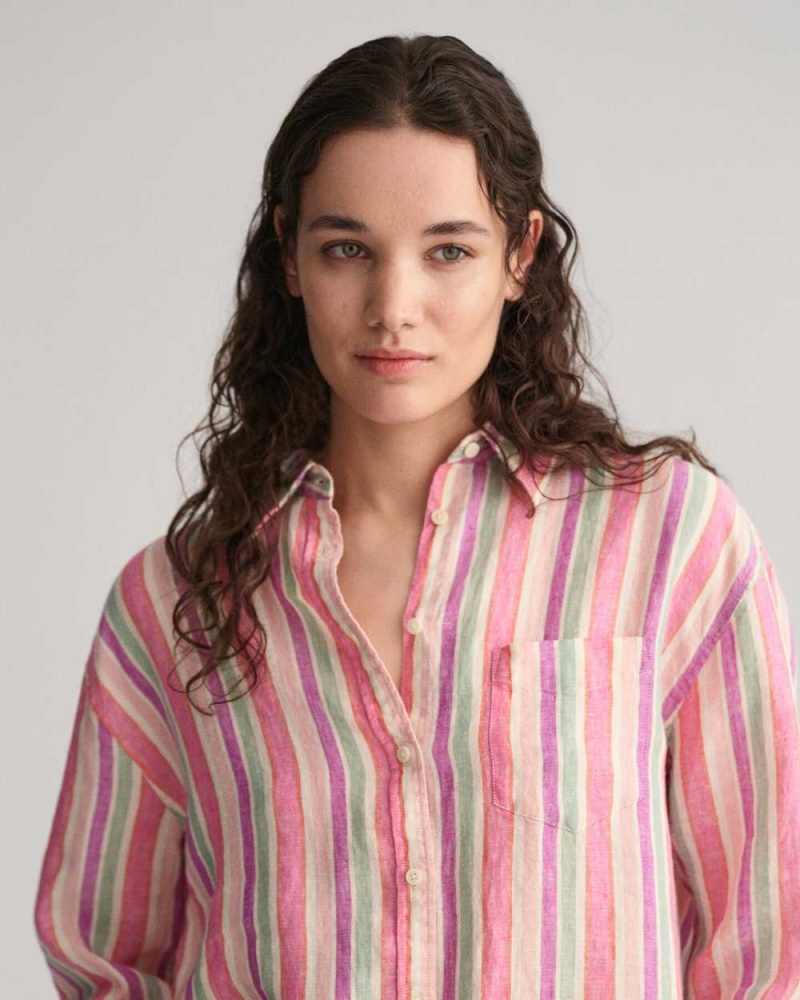 Gant Relaxed Fit Multi Striped Linen Women's Shirts Multicolor | EATUD-9312