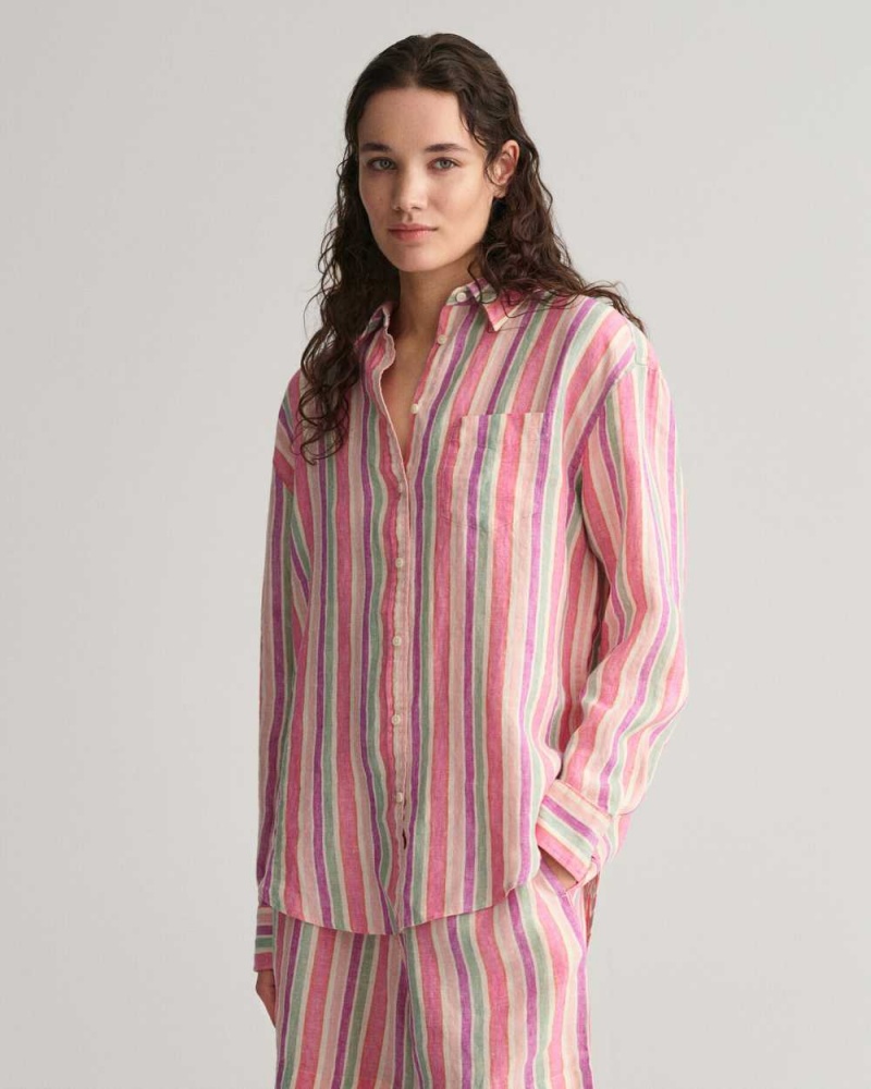 Gant Relaxed Fit Multi Striped Linen Women's Shirts Multicolor | EATUD-9312