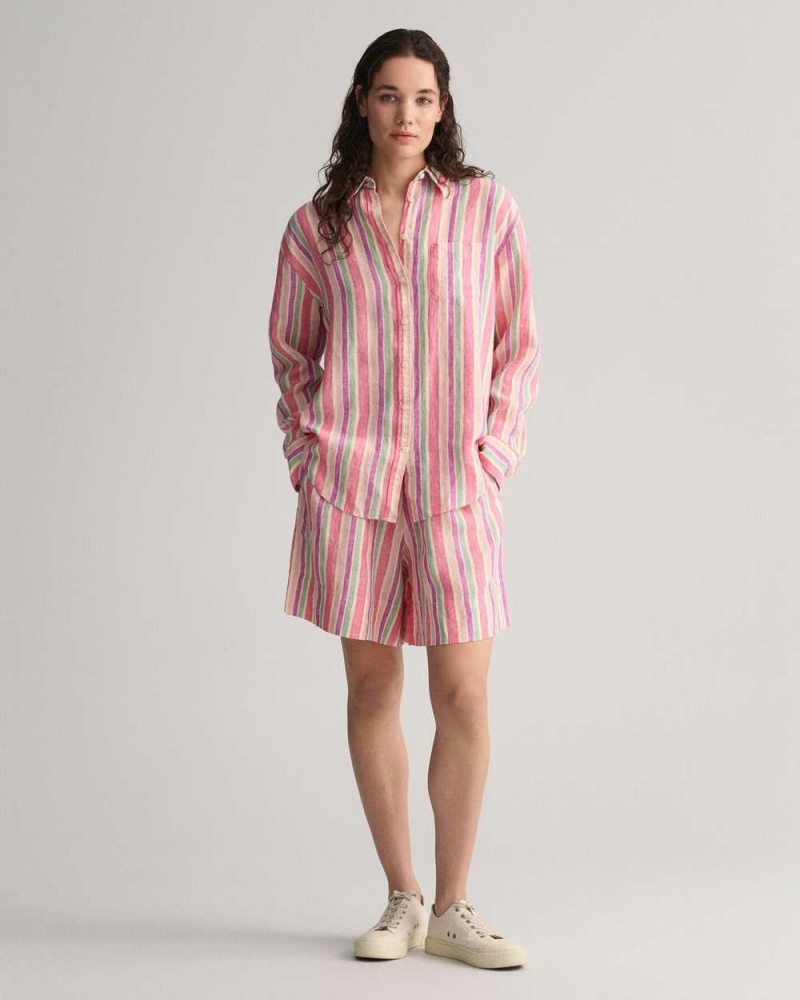 Gant Relaxed Fit Multi Striped Linen Women\'s Shirts Multicolor | EATUD-9312