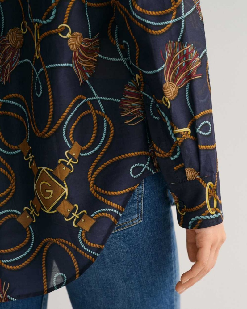 Gant Relaxed Fit Rope Print Cotton Silk Women's Shirts Evening Blue | TWJOP-1029