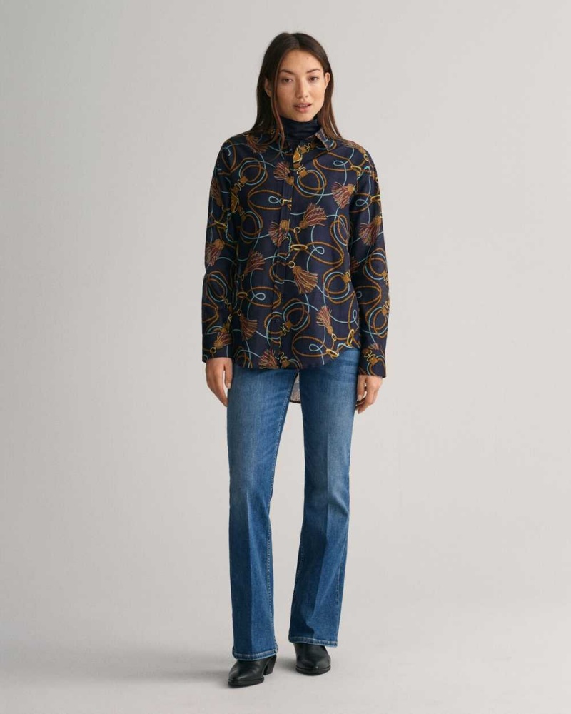 Gant Relaxed Fit Rope Print Cotton Silk Women's Shirts Evening Blue | TWJOP-1029