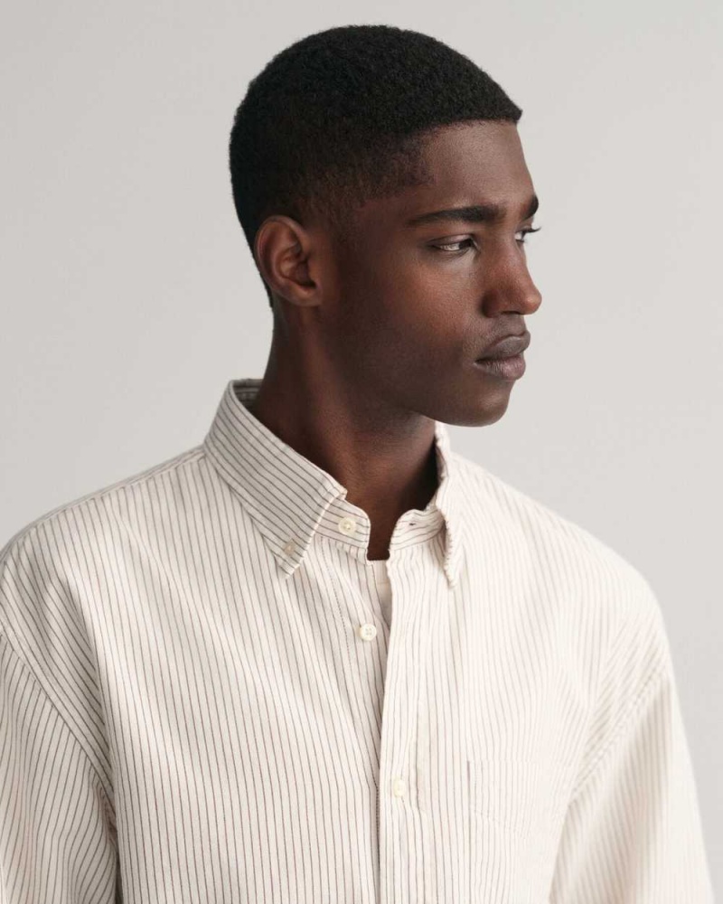 Gant Relaxed Fit Striped Archive Oxford Men's Shirts Beige White | NIFPX-0173