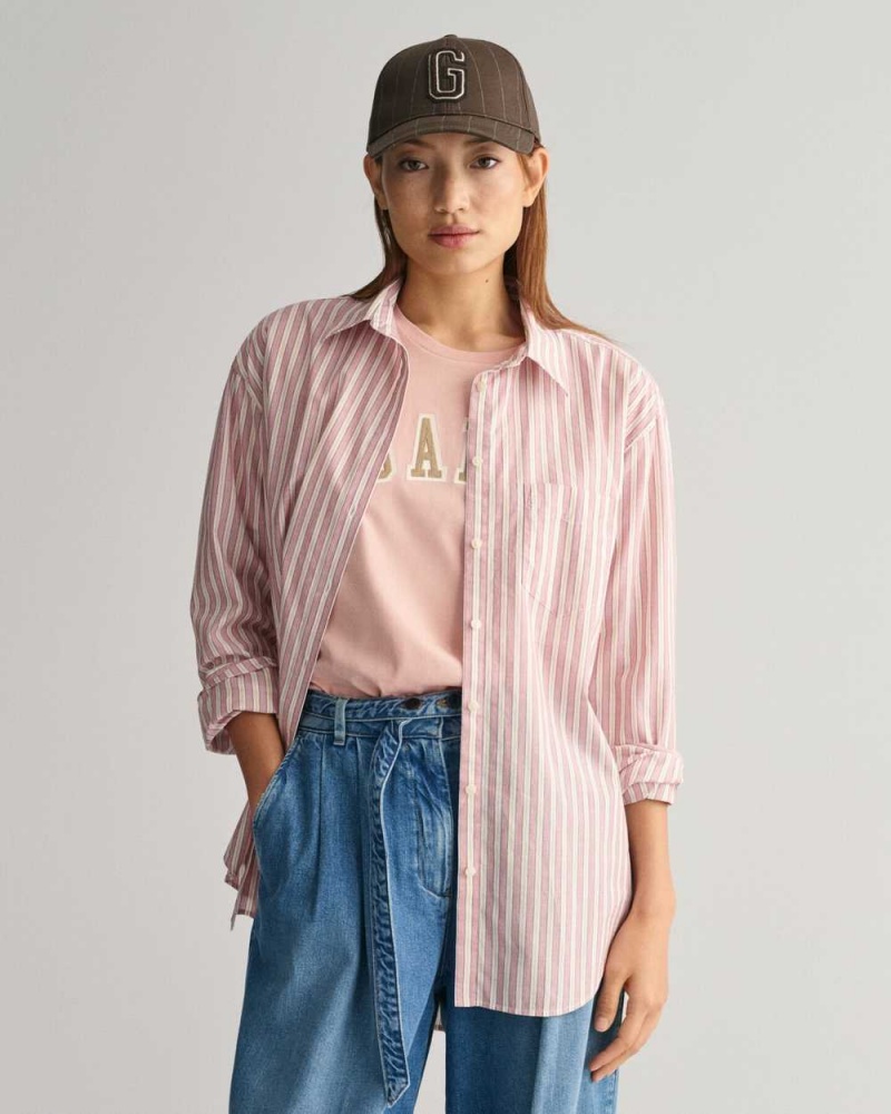 Gant Relaxed Fit Striped Cotton Poplin Women\'s Shirts Dusty Rose | UJBAW-4853