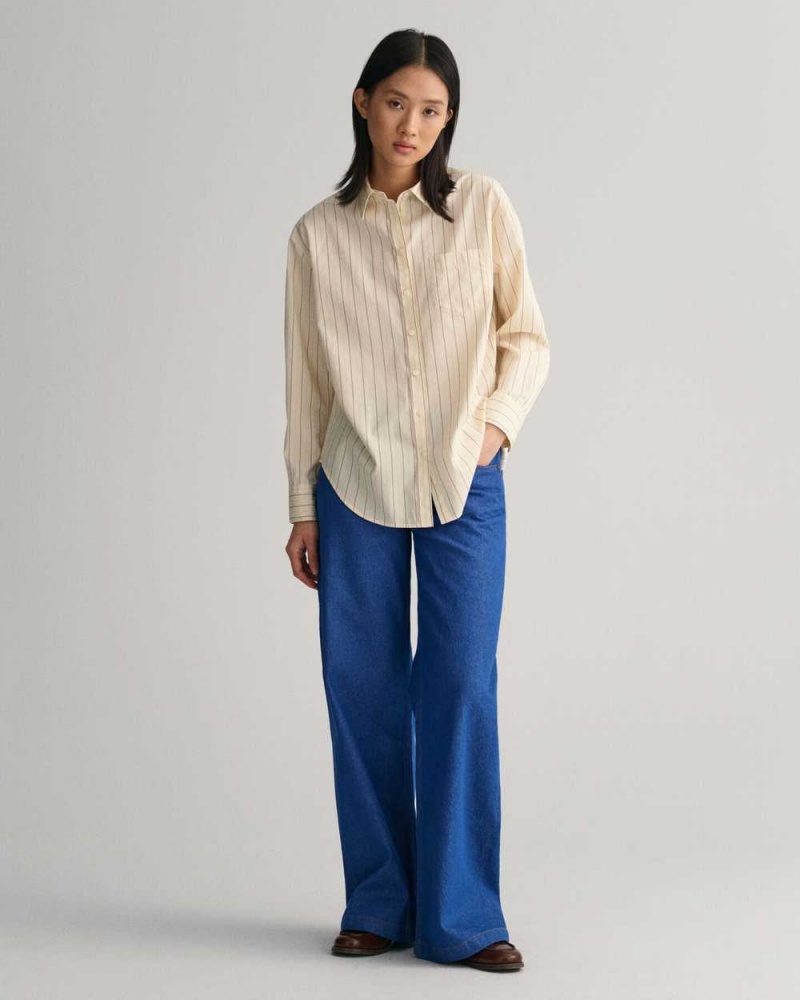 Gant Relaxed Fit Striped Poplin Women's Shirts Linen | KQDJP-9108