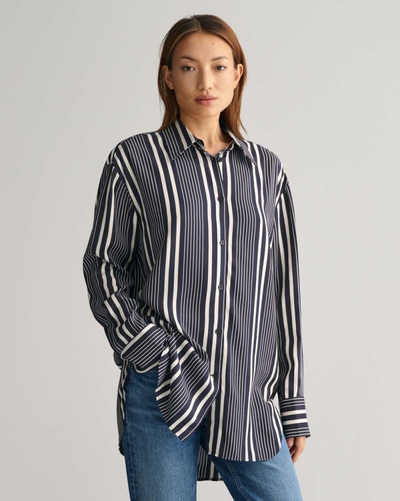 Gant Relaxed Fit Striped Print Women\'s Shirts Evening Blue | WYGUQ-6801