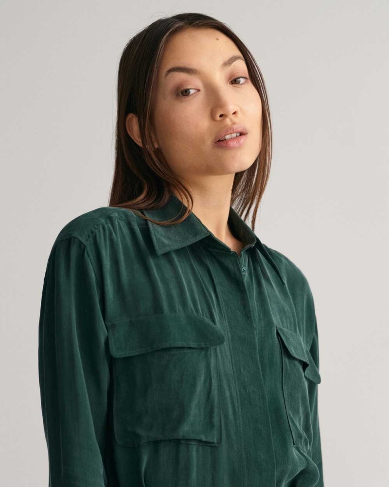 Gant Relaxed Fit Utility Shirt Women's Dress Tartan Green | KCBOY-2081