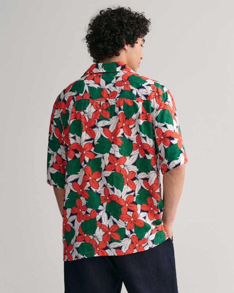 Gant Relaxed Fit Viscose Floral Printed Short Sleeve Men's Shirts Lavish Green | QTLKE-4237