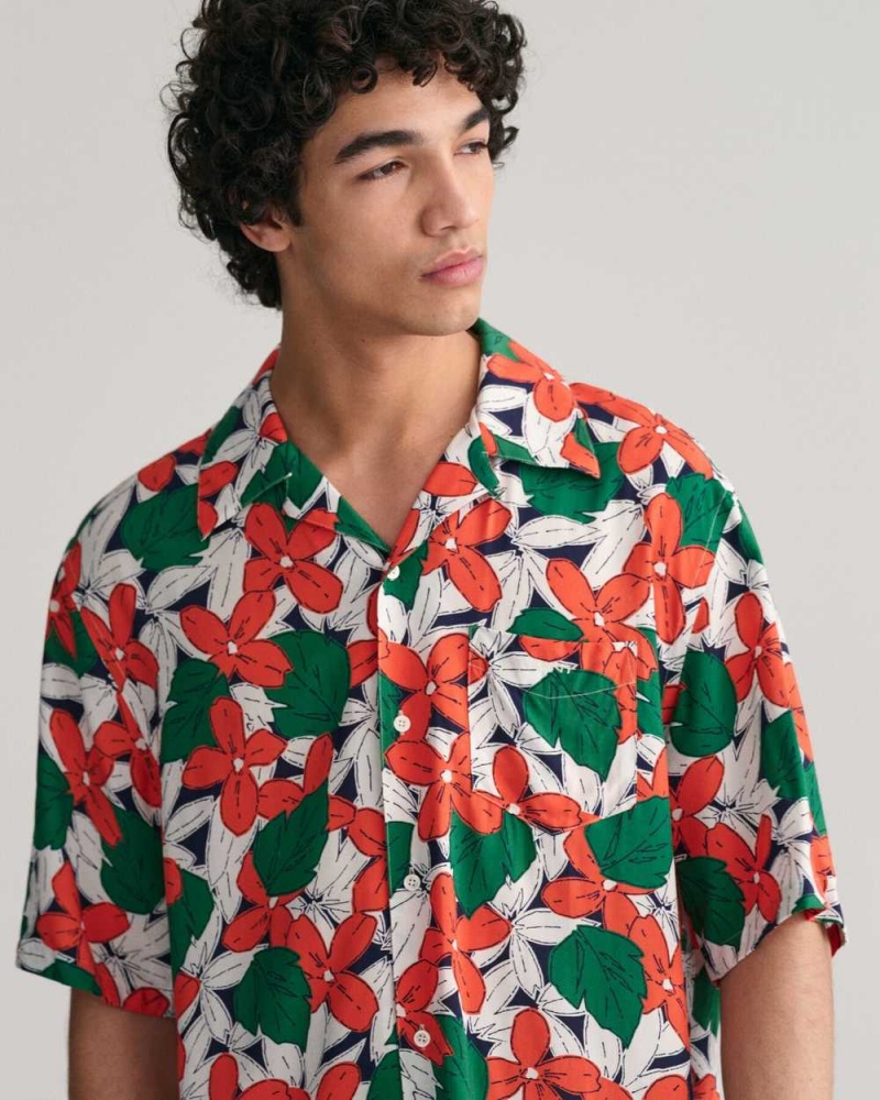 Gant Relaxed Fit Viscose Floral Printed Short Sleeve Men's Shirts Lavish Green | QTLKE-4237