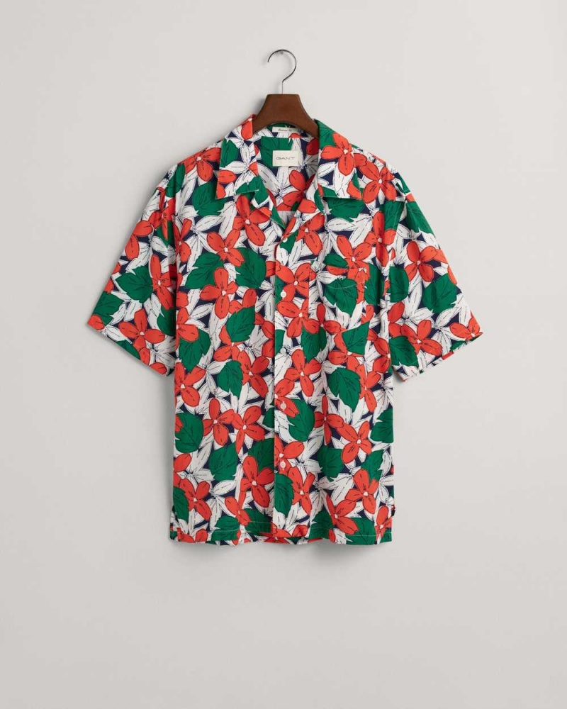 Gant Relaxed Fit Viscose Floral Printed Short Sleeve Men's Shirts Lavish Green | QTLKE-4237