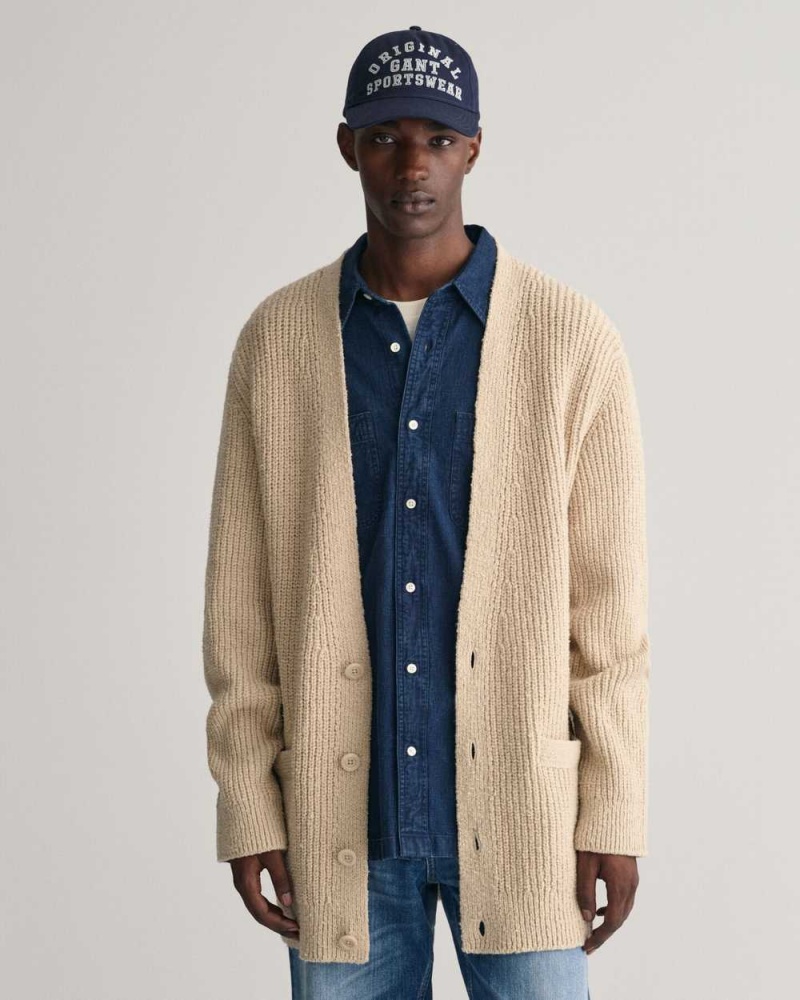 Gant Ribbed Bouclé Men\'s Cardigan Dry Sand | WLGTK-1278