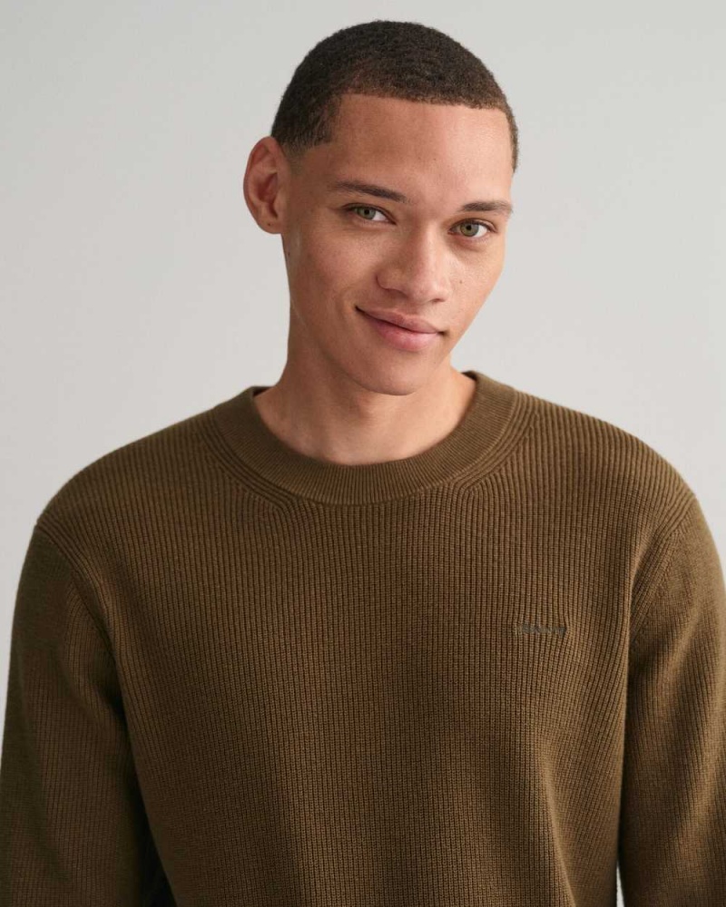 Gant Ribbed Cotton Wool Crew Neck Men's Sweater Dark Cactus | VIOQZ-1276