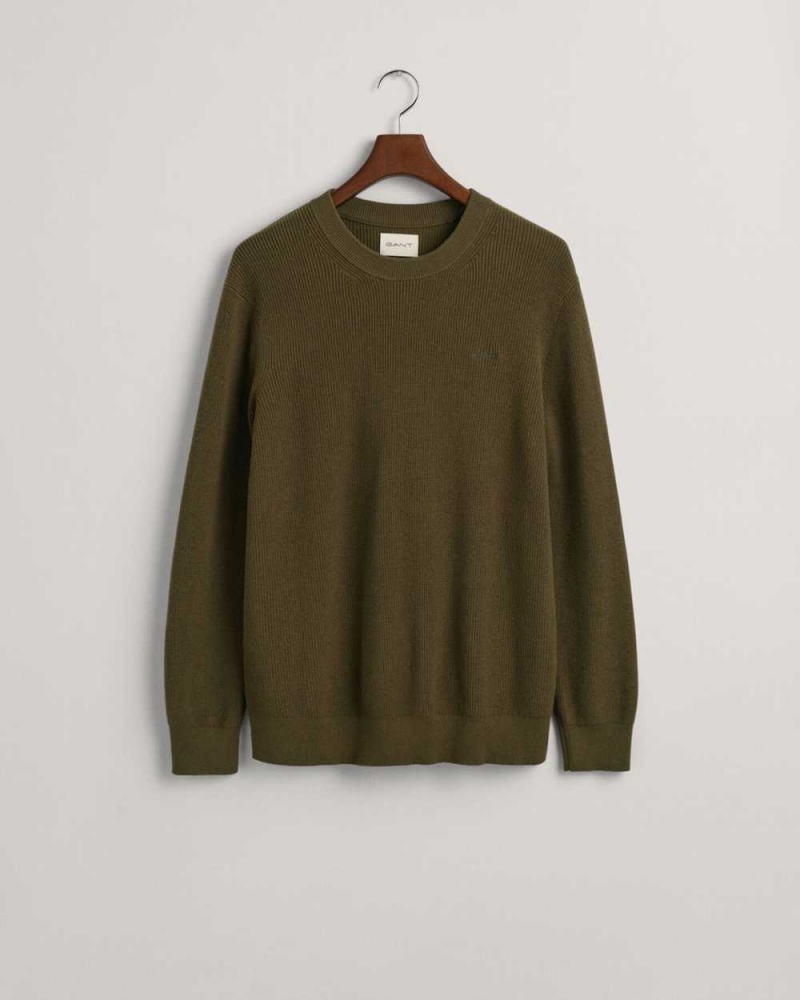 Gant Ribbed Cotton Wool Crew Neck Men's Sweater Dark Cactus | VIOQZ-1276