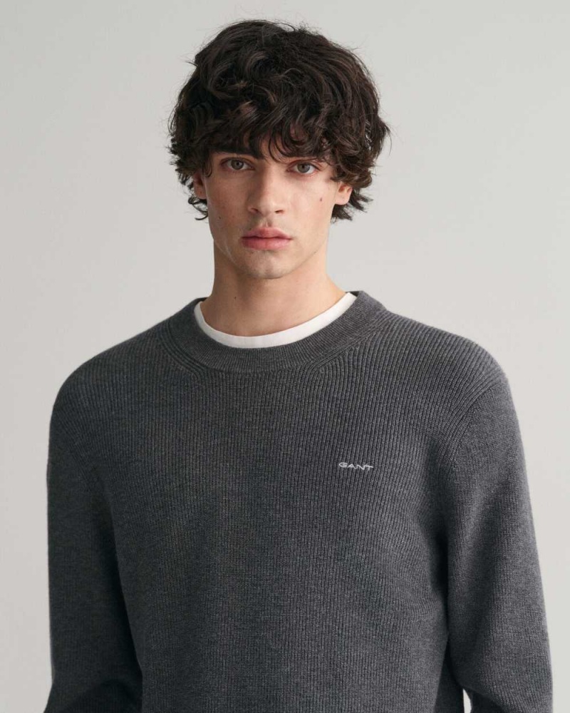 Gant Ribbed Cotton Wool Crew Neck Men's Sweater Dark Grey | MOPUT-1906