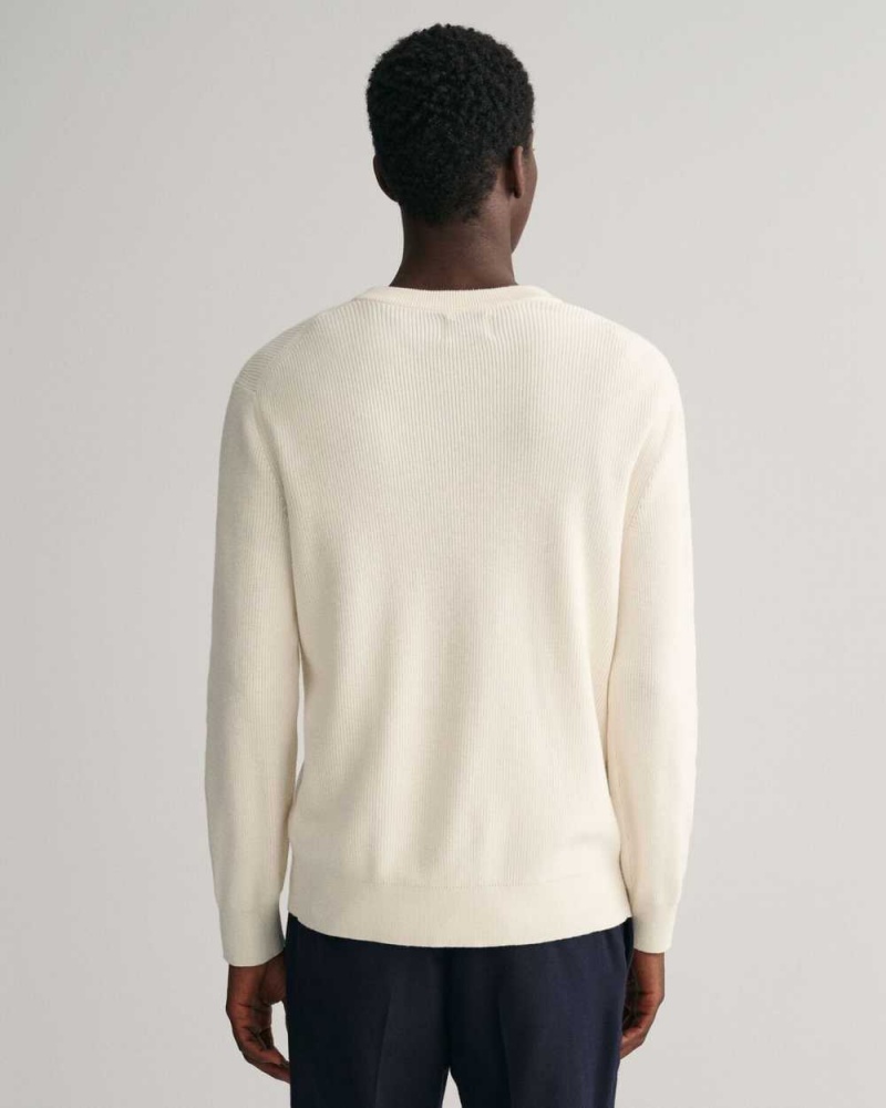 Gant Ribbed Cotton Wool Crew Neck Men's Sweater Cream | XOSLK-6014