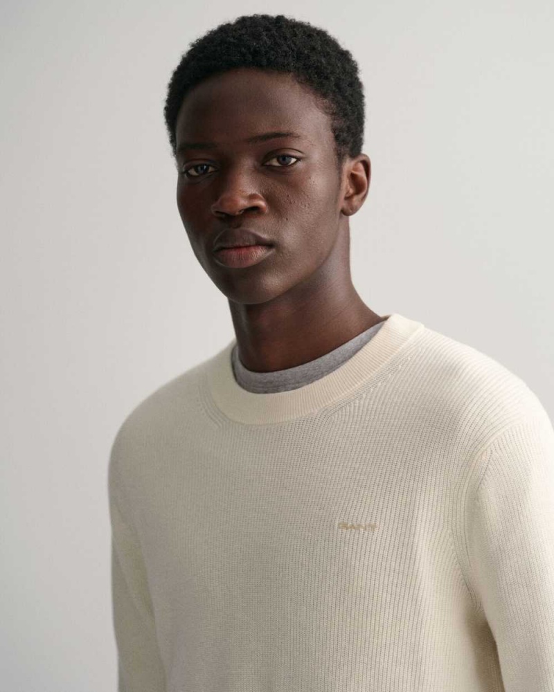 Gant Ribbed Cotton Wool Crew Neck Men's Sweater Cream | XOSLK-6014