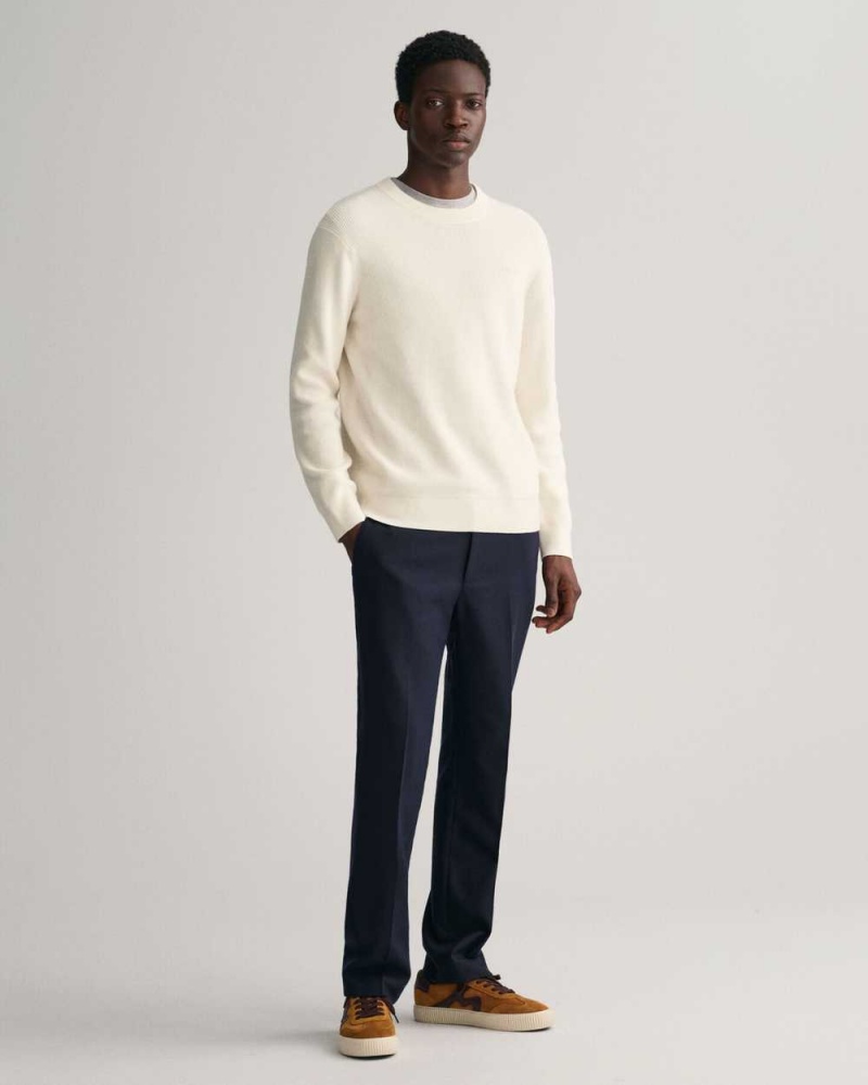 Gant Ribbed Cotton Wool Crew Neck Men's Sweater Cream | XOSLK-6014